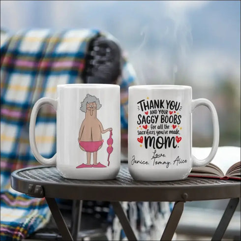 Two Funny Mom Mugs featuring humorous designs for Mother’s Day gifts